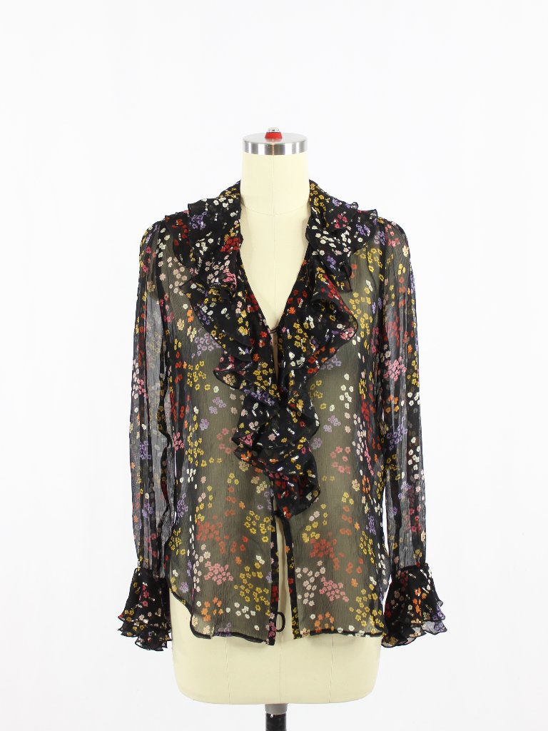 See By Chloe Black Floral 100% Silk Georgette Ruffle V-Neck Blouse, Size 36/S